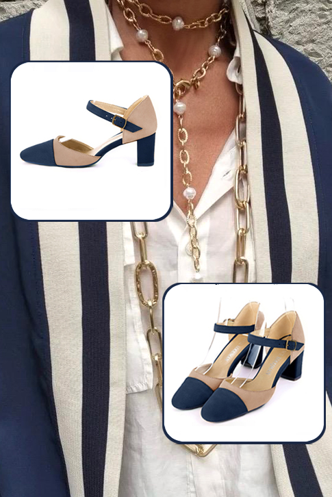 Women's navy blue and biscuit beige open side dress shoes, with an instep strap. Round toe. Medium block heels - Top view